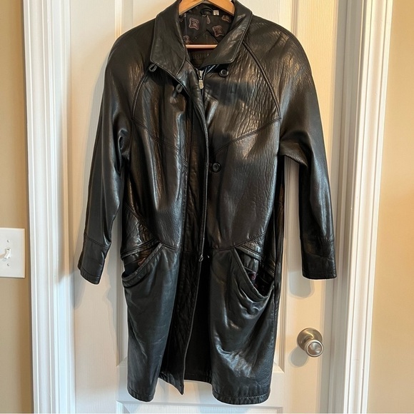 Vintage 80s Preston & York Leather Coat Black Oversized Design - Picture 3 of 15